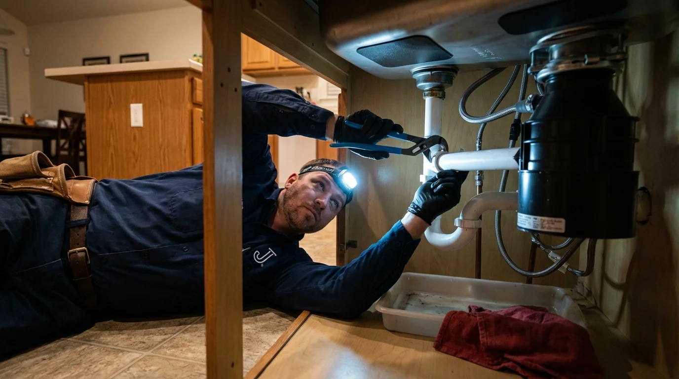 P-trap and supply line connections under a kitchen sink showing a common leak point in West Linn, OR